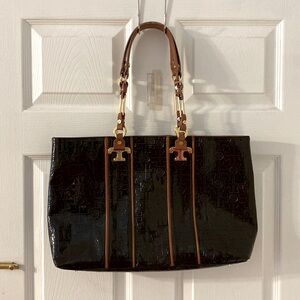 Tory Burch Brown Patent Satchel with Tan Trim